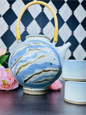 Handcrafted Blue Wave Ceramic Teapot with Matching Cups by